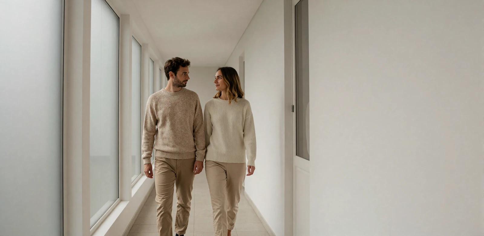 Calm, fully clothed couple walking together in a bright minimalist space - representing the quiet tone of small penis dating on Gemcitydating