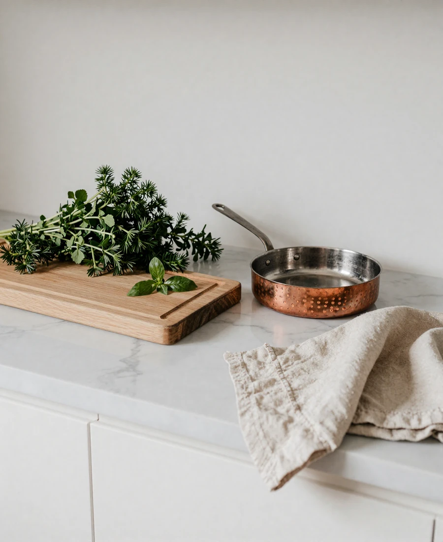 Marble counter with cooking ingredients - a hands-on Club meetup format in Houston