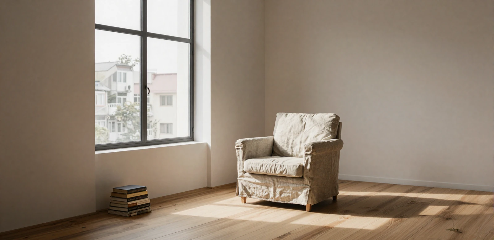 Quiet sunlit reading corner with linen armchair - representing the calm, acceptance-first space for small penis men on Gemcitydating