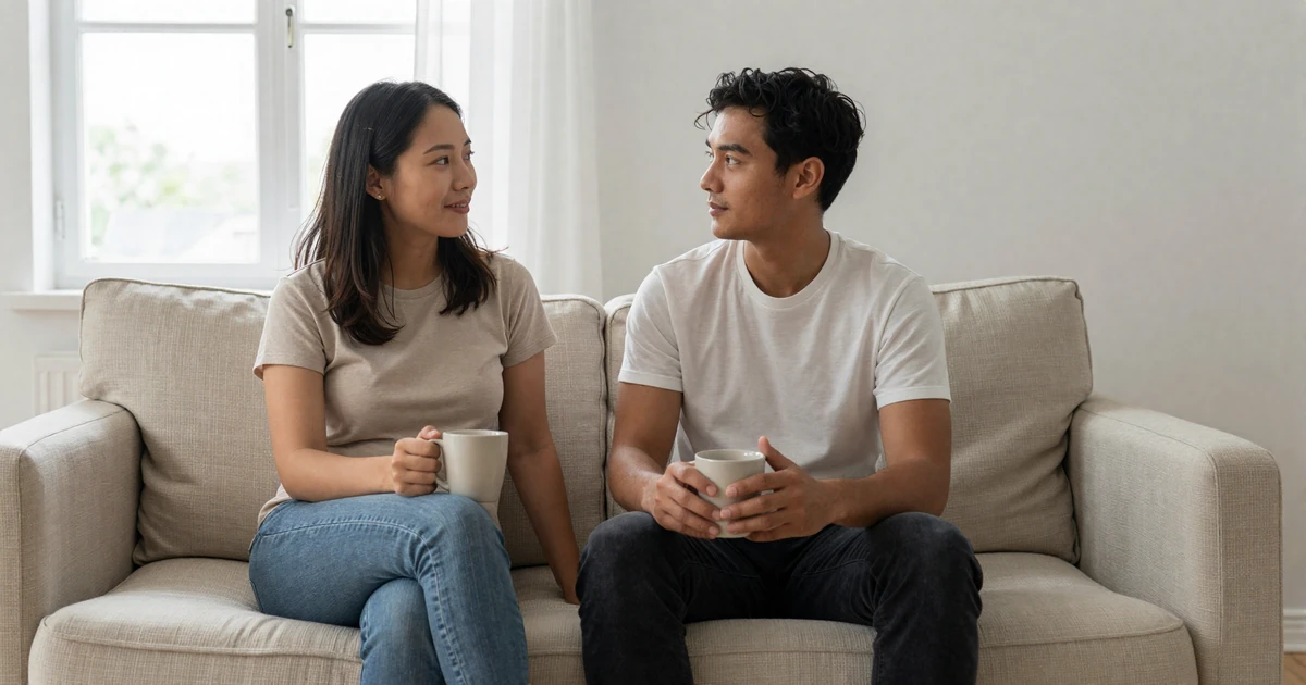 Jamie and Riley, an Oakland couple who met on our inclusive dating app, in a calm loft portrait