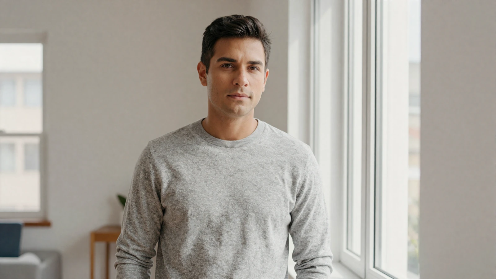 Calm portrait of a man standing by a sunlit window - the quiet presence that defines real male confidence