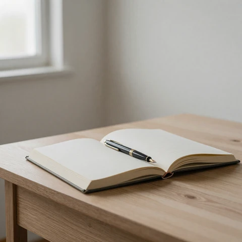 Open notebook and fountain pen still life - companion image for the does size matter research essay
