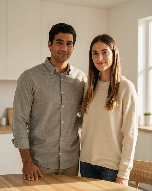 Samir and Grace, a Denver couple married after meeting on our small penis dating community, in a golden-light dining room portrait