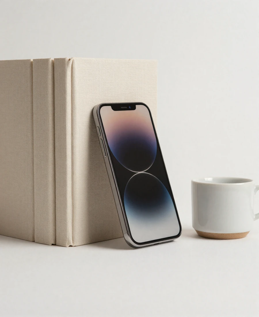 Smartphone resting against linen-bound books - a still life suggesting a calm, slow approach to real-time SPH chat