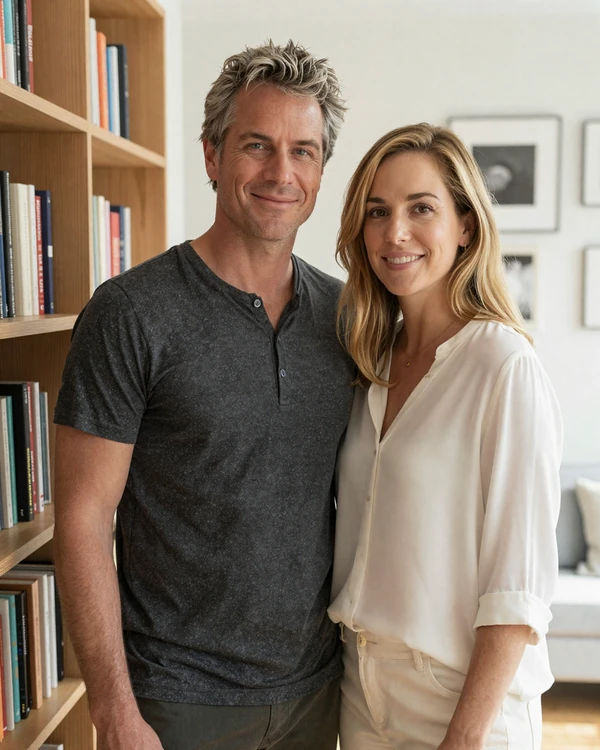 Derek and Alina, a couple from Raleigh who met on this inclusive dating app, in a warm editorial portrait by their bookshelf