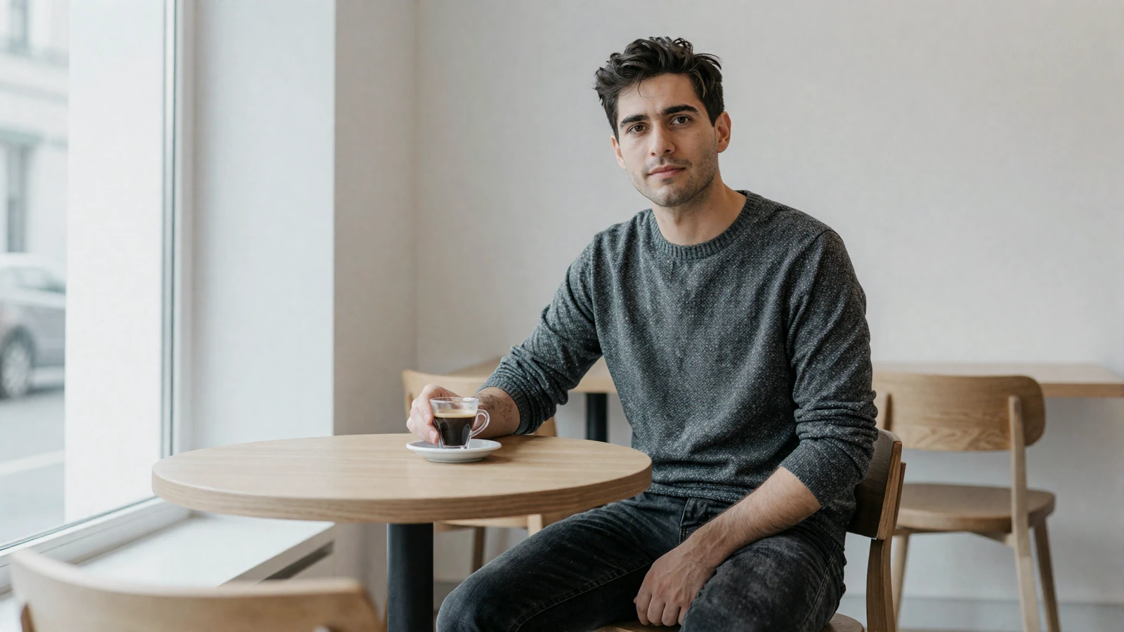 Quiet shy man sitting alone at a minimal cafe table before a first date - illustrating the calm pre-date mindset described in this guide