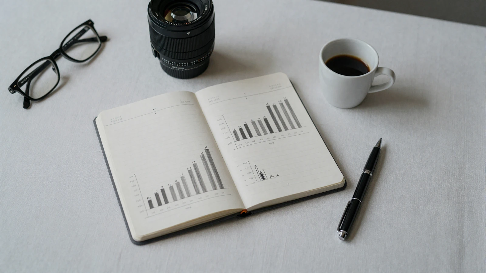 Open research notebook with handwritten survey charts on a clean white desk - illustrating the data behind whether size matters to women