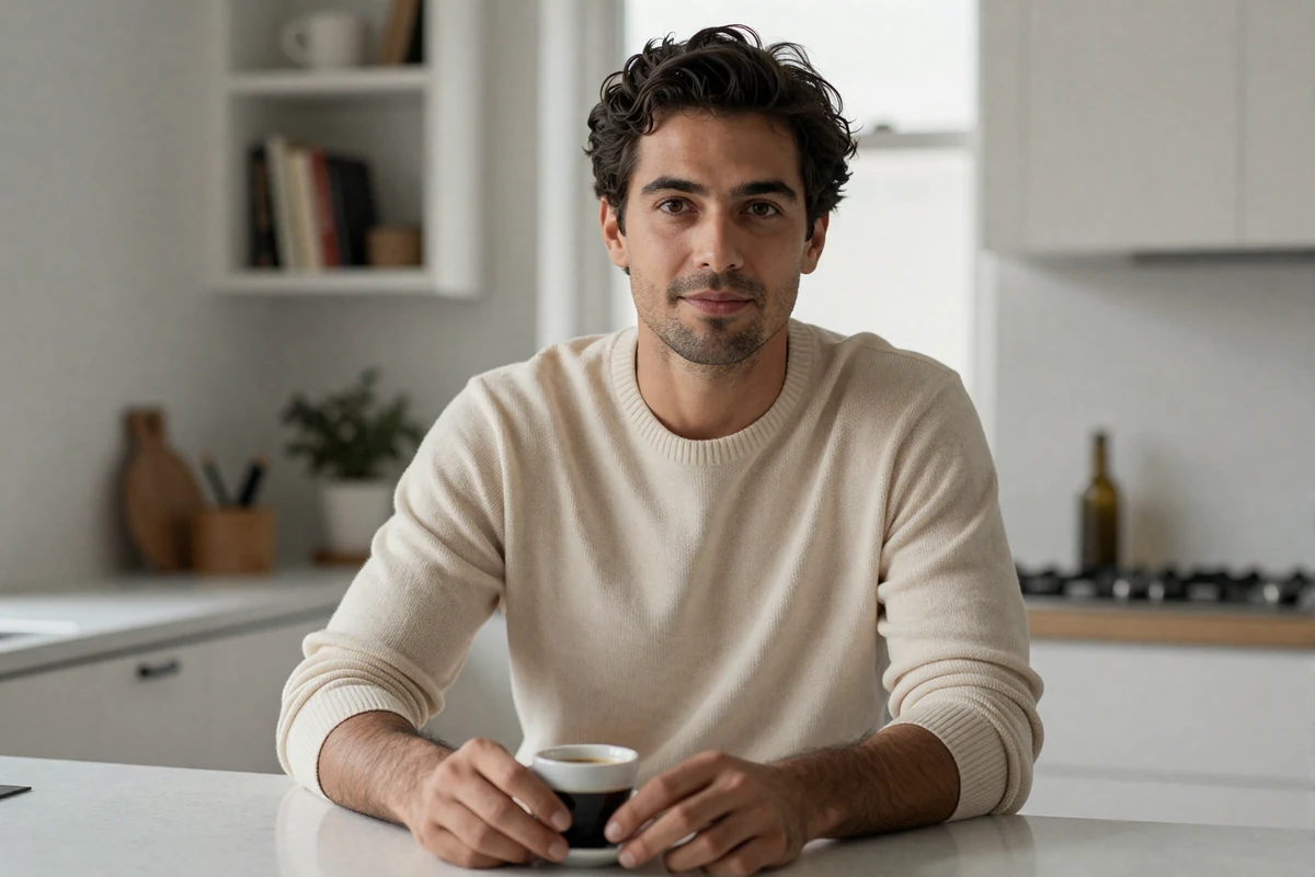 Natural portrait of a man in a cream sweater seated at a sunlit kitchen counter - an example of a clear, well-lit face shot that works well as a first dating profile photo
