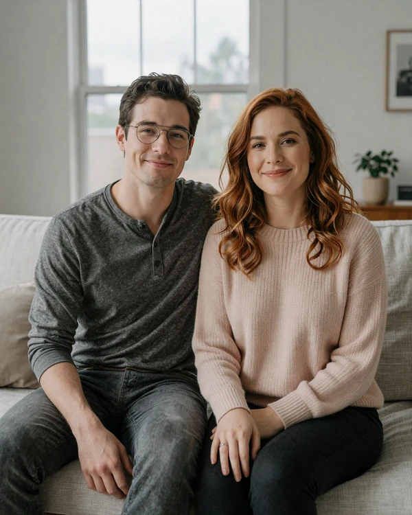 Cal and Margot, a Seattle couple engaged after meeting on this niche dating site, in a warm editorial living room portrait