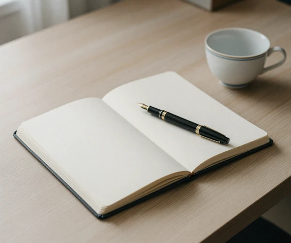 Notebook and pen still life - companion image for the size research essay