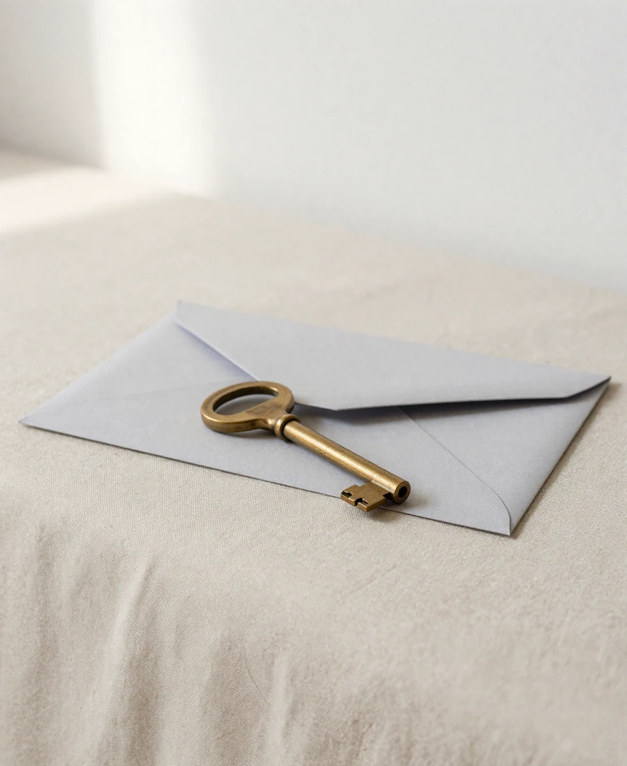 Brass key on linen - visual metaphor for the private, invitation-style nature of this anonymous dating community
