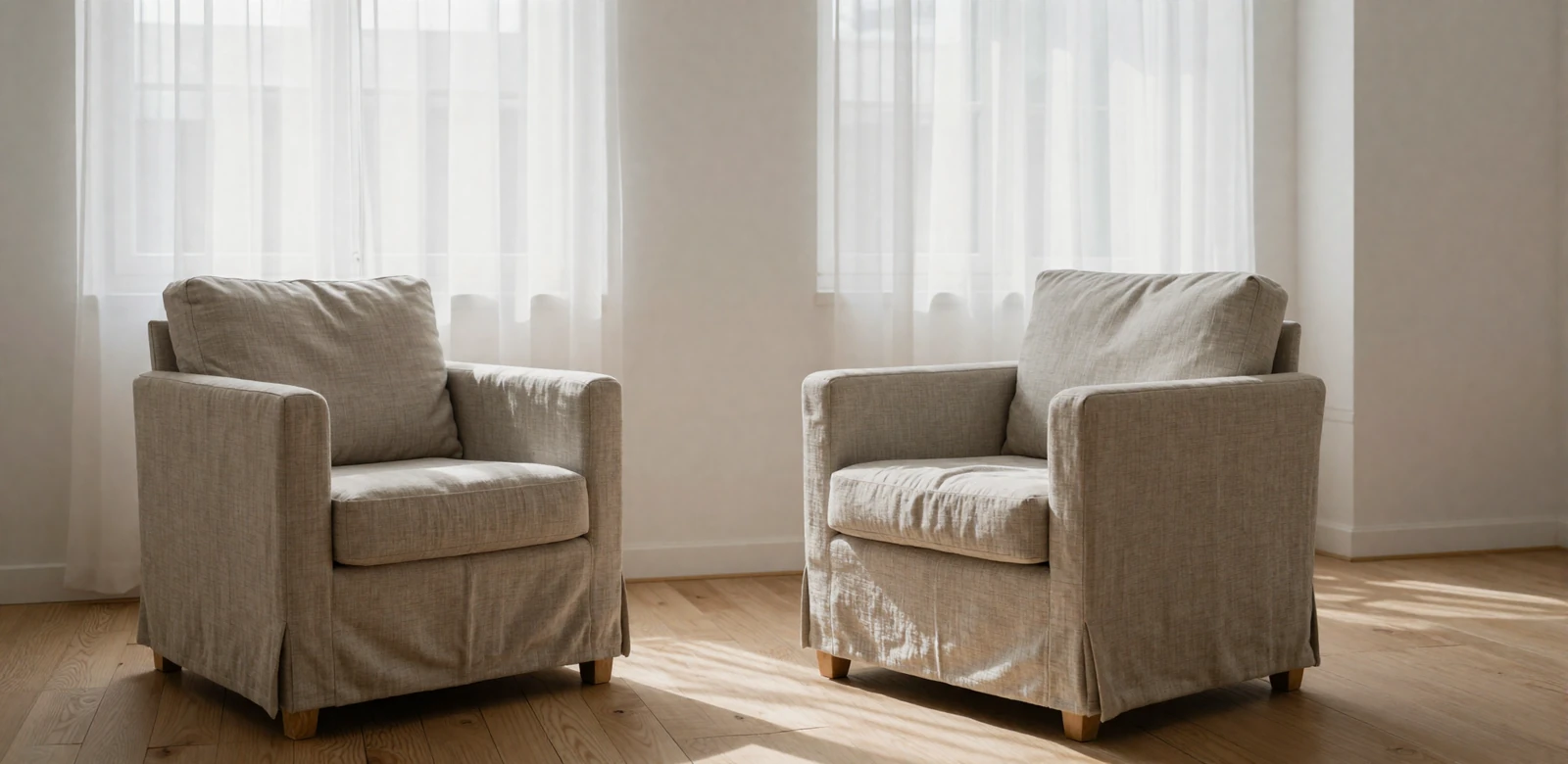 Two facing armchairs in a bright minimalist loft - representing the honest, consent-first conversations behind respectful kink dating sites