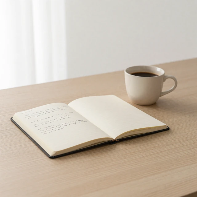Notebook and coffee still life representing the research-led essays on this niche dating site