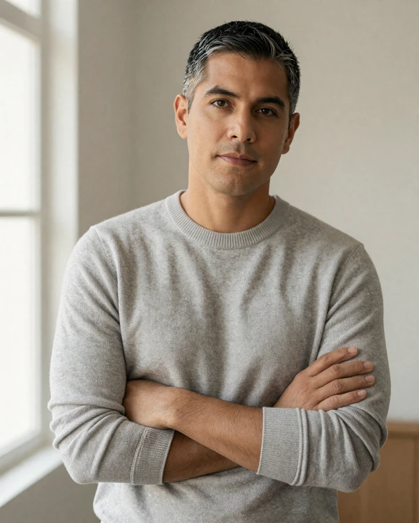 Editorial portrait of a confident, comfortable male member of the small penis fetish community