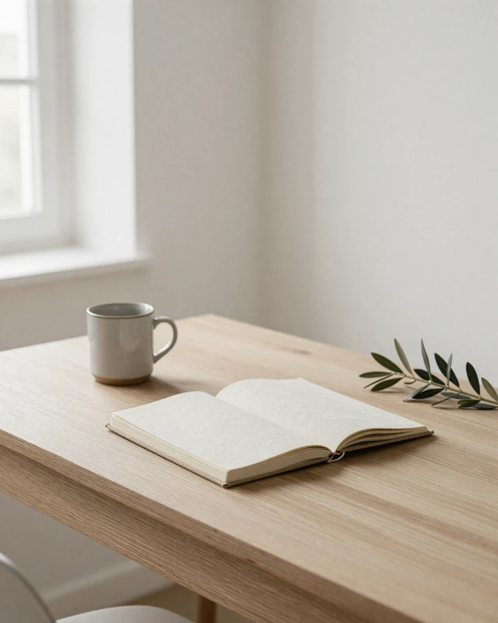 Quiet minimalist workspace representing the calm editorial tone behind Gemcitydating's inclusive dating app