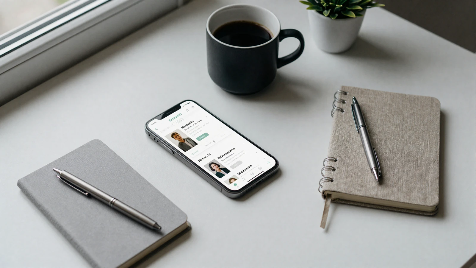 Overhead desk scene with phone showing a minimal dating profile interface, coffee and notebook beside it - illustrating the quiet work of writing a dating profile that sounds like you