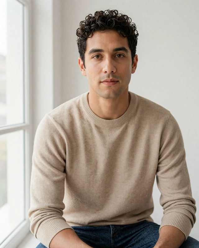 Daniel, a thoughtful member on this niche dating site, in a calm editorial portrait