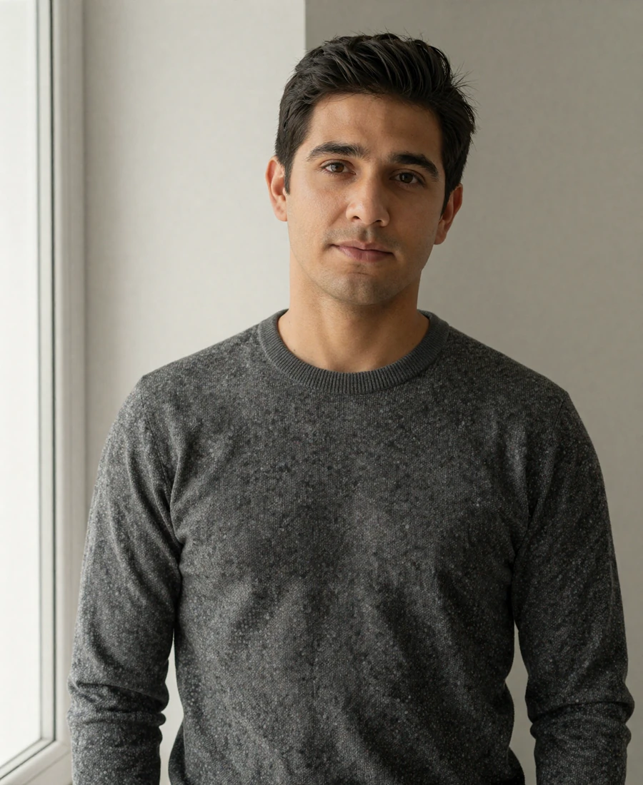 Calm portrait of a small penis man in a minimalist interior - representing male body acceptance on Gemcitydating