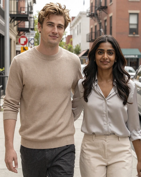 Noah and Priya, a Brooklyn couple who met on our inclusive dating app, in a calm editorial street portrait