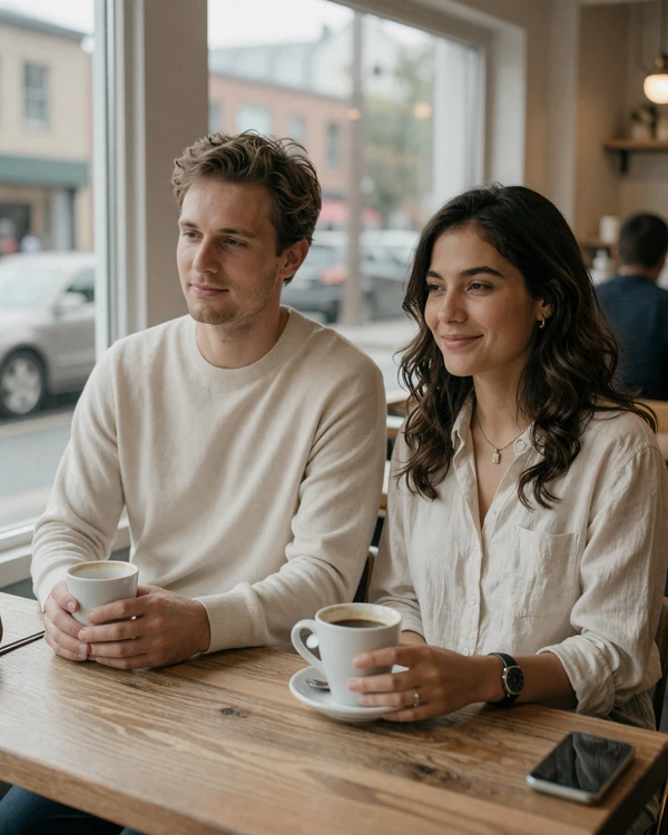 Ben and Maya, an engaged couple who met on our small penis dating platform, in a calm Portland coffee shop portrait