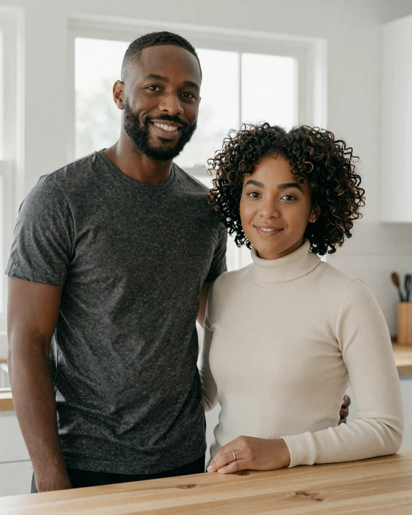 Theo and Sarai, a Minneapolis couple who married after meeting on this small penis dating platform, in a bright kitchen portrait
