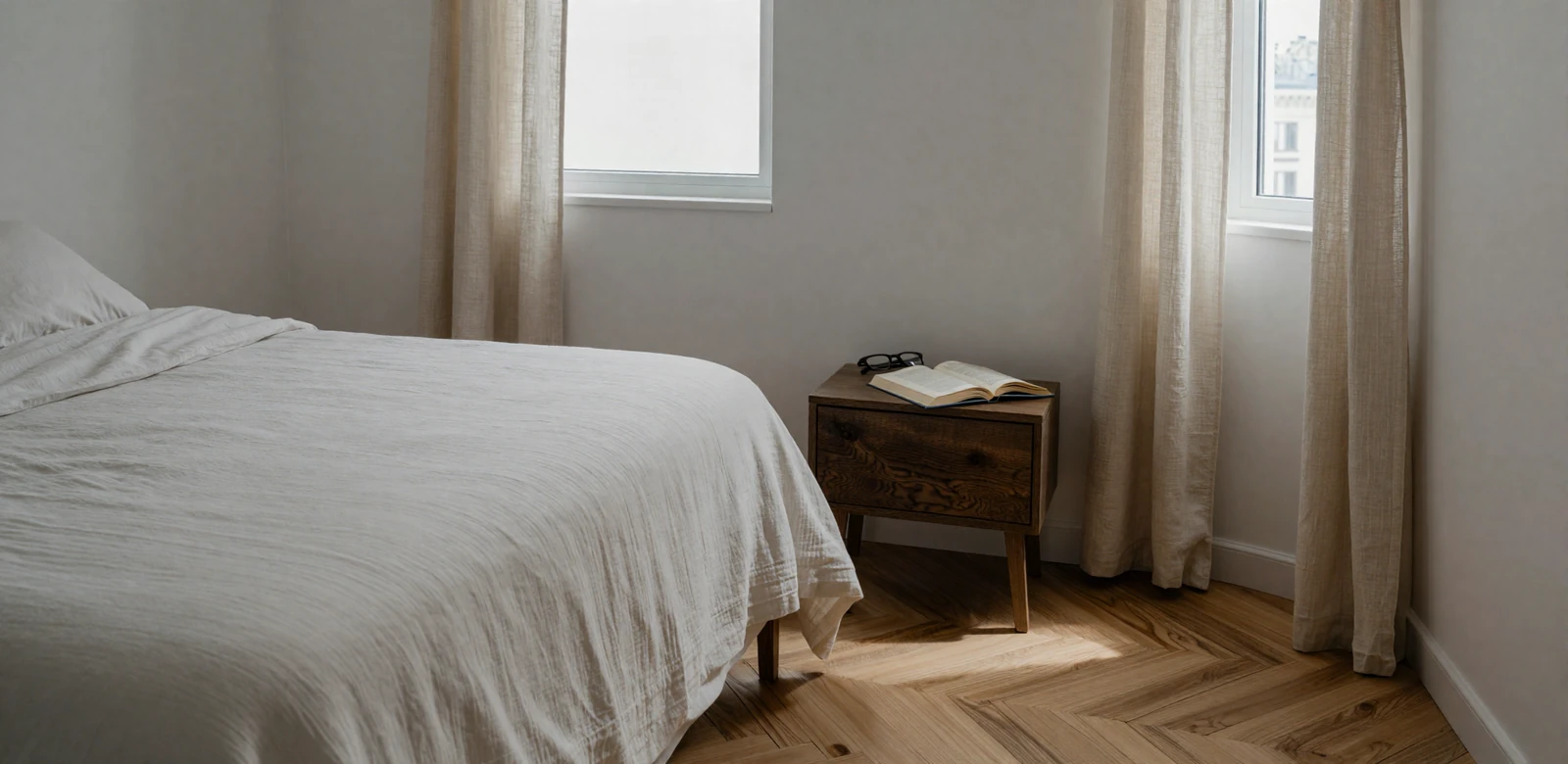 Sunlit minimalist bedroom with linen sheets and an open book - representing the calm, communication-led intimacy of a mindful dating app