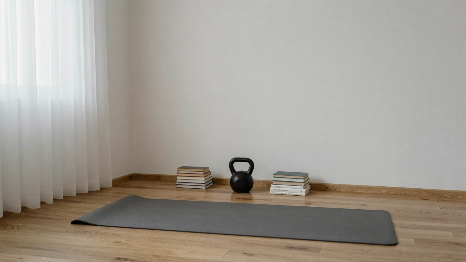 Quiet morning corner with a yoga mat and a single kettlebell - the small daily practice that underpins male body acceptance