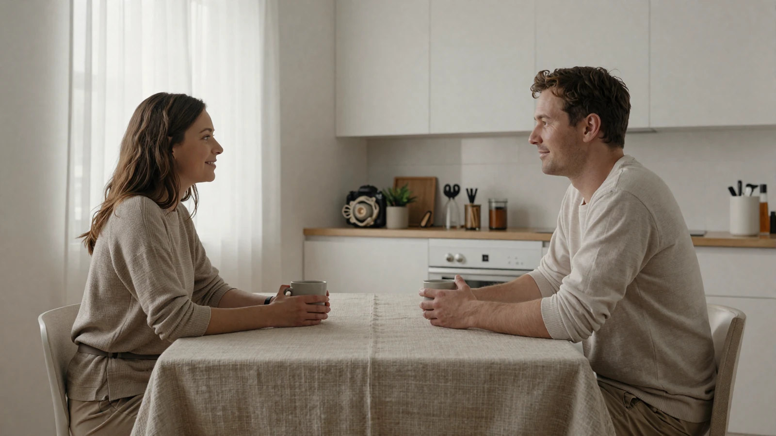 Quiet couple talking over morning coffee at a minimal kitchen table - illustrating grounded everyday communication in an intimate relationship