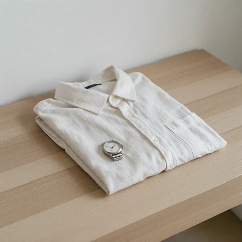 Folded linen shirt and wristwatch still life - companion image for the male confidence building guide