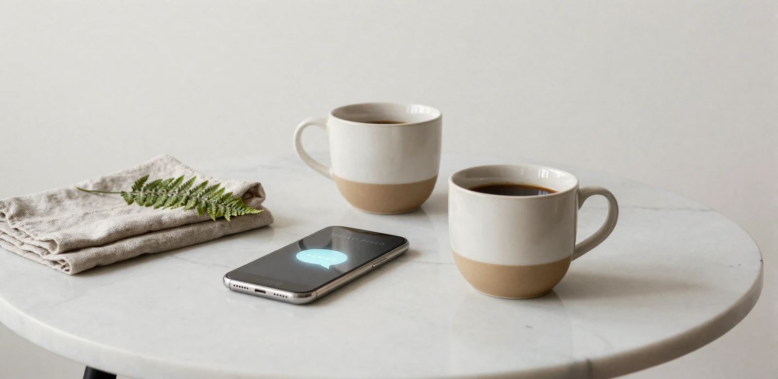 Two ceramic coffee cups beside a smartphone with a faint chat bubble - visual metaphor for calm SPH chat and real-time connection