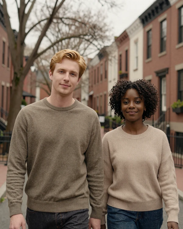 Evan and Harper, a Boston couple who met on this inclusive dating app, in a calm street portrait